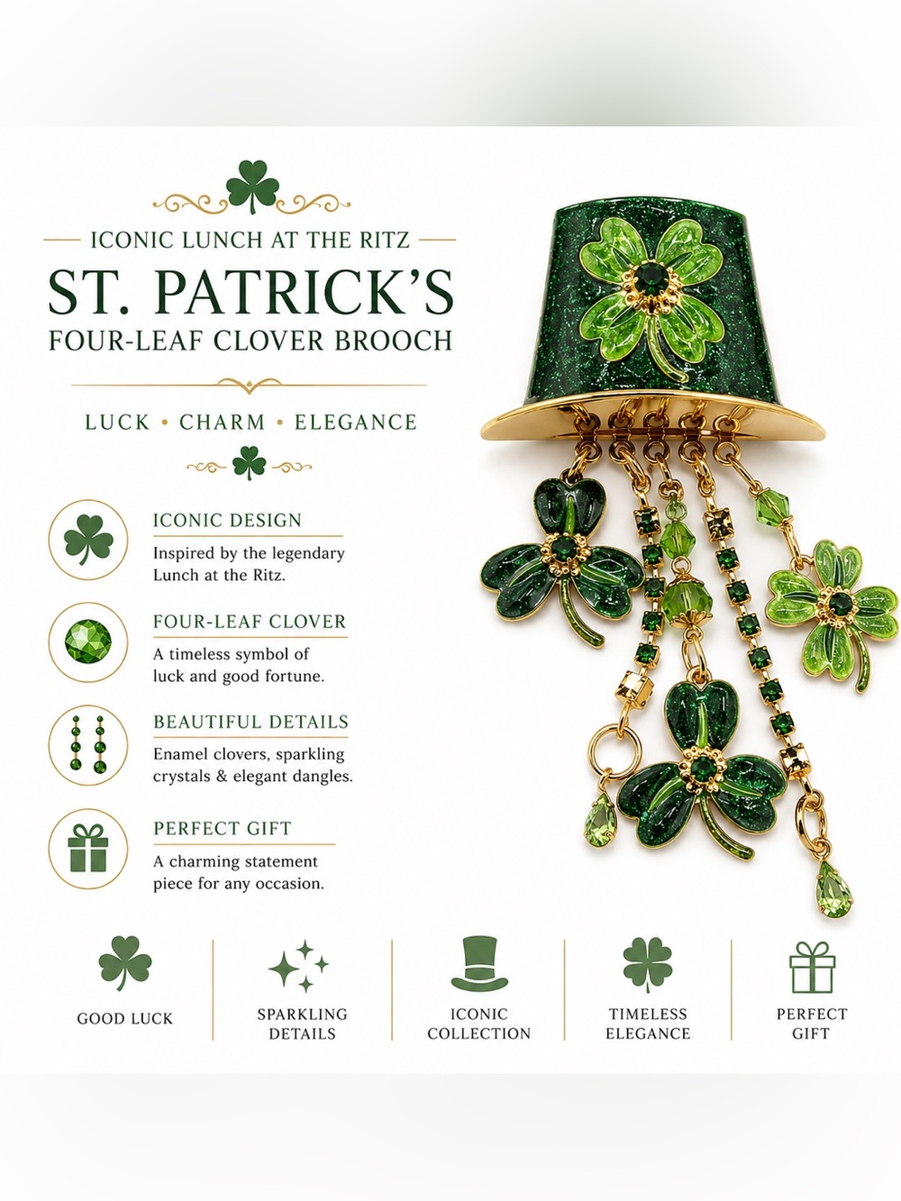 C536 iconic "Lunch at the Ritz" St. Patrick's four-leaf clover brooch